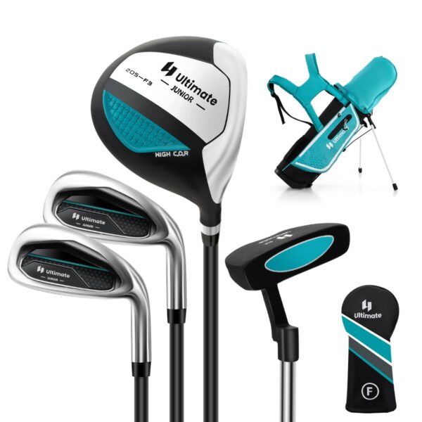 Complete Set Junior Golfclubs voor Kinderen van 5 tot 7 Jaar #3 Fairway #7 en #S Ijzers en Putter Driepootstas met Regenkap voor Jongens Meisjes